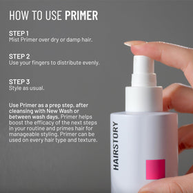 Hairstory Primer close-up label highlighting ingredients and clean formula benefits
