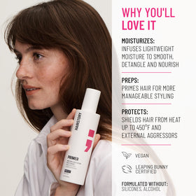 Hairstory Primer texture on hand displaying lightweight, non-greasy hydration