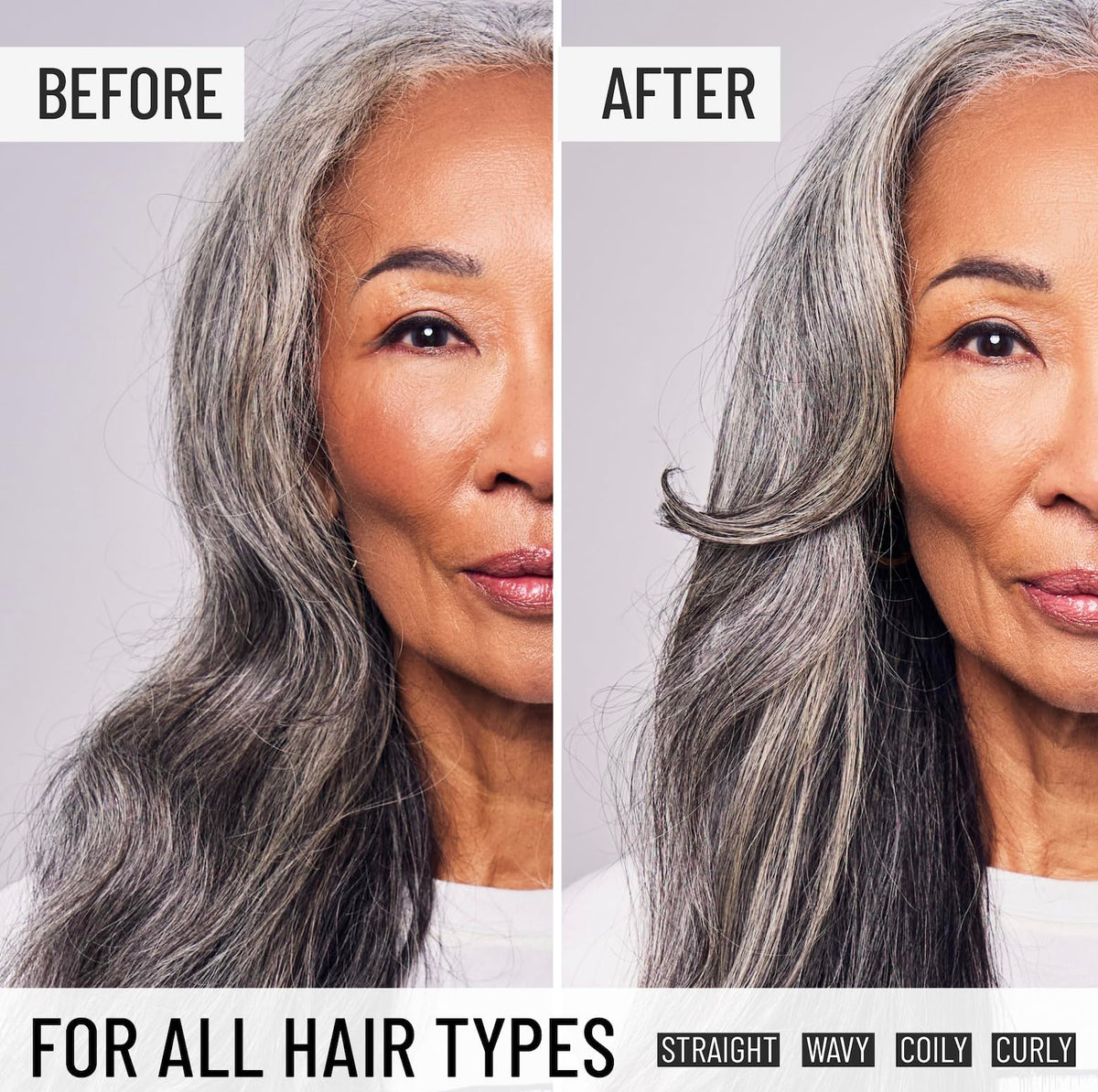 Hairstory Primer applied before and after on hair showing smoother, shinier finish
