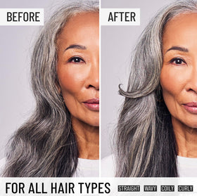 Hairstory Primer applied before and after on hair showing smoother, shinier finish