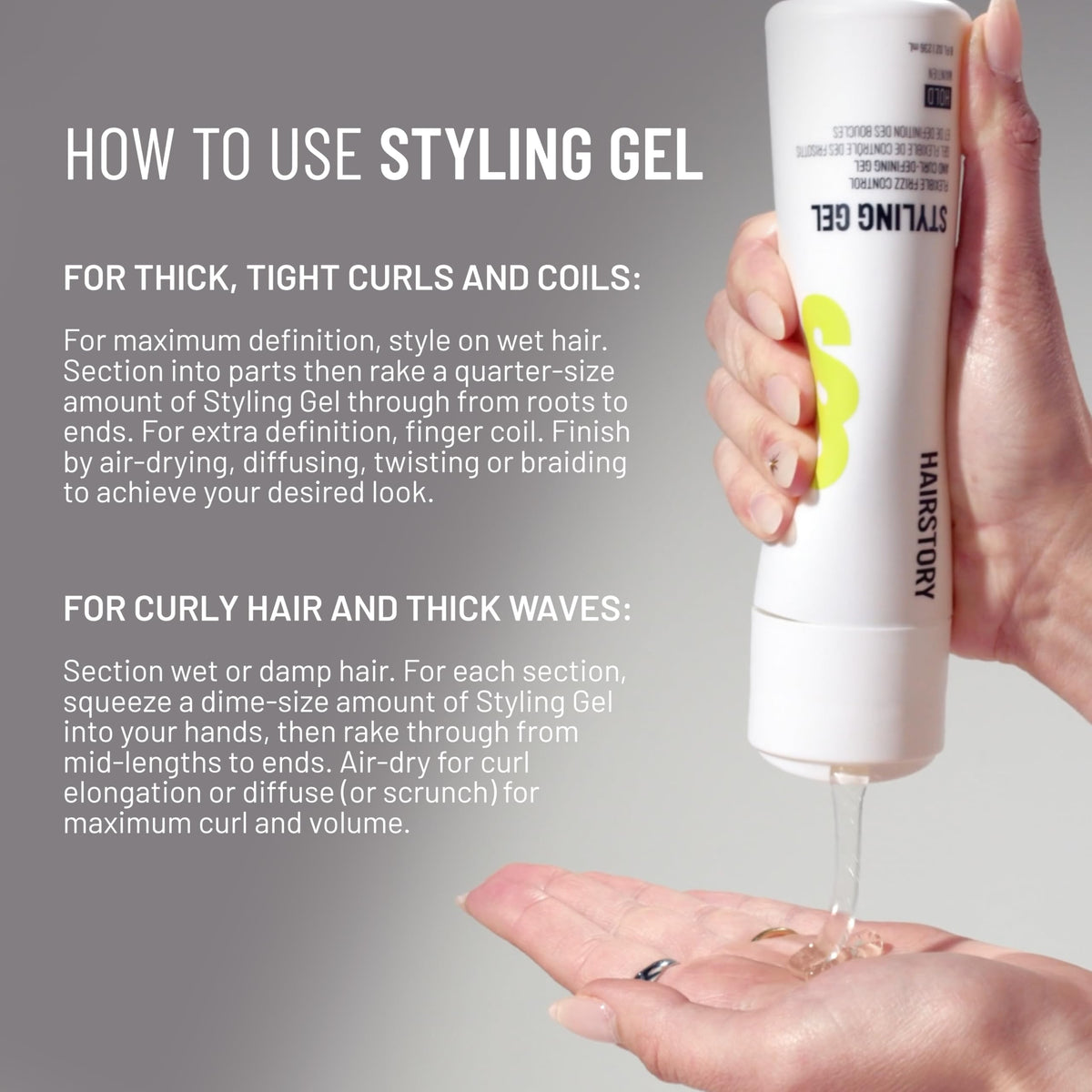 Hairstory gel applied to wet hair for even curl definition