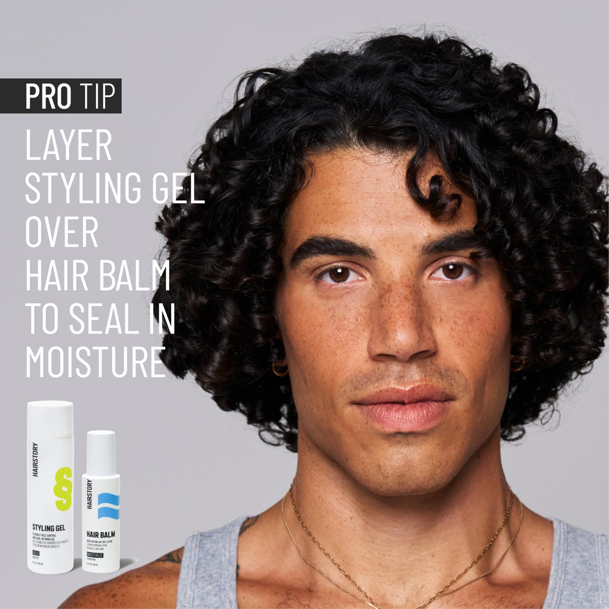 Hairstory gel on bathroom shelf in lifestyle scene suggesting daily use