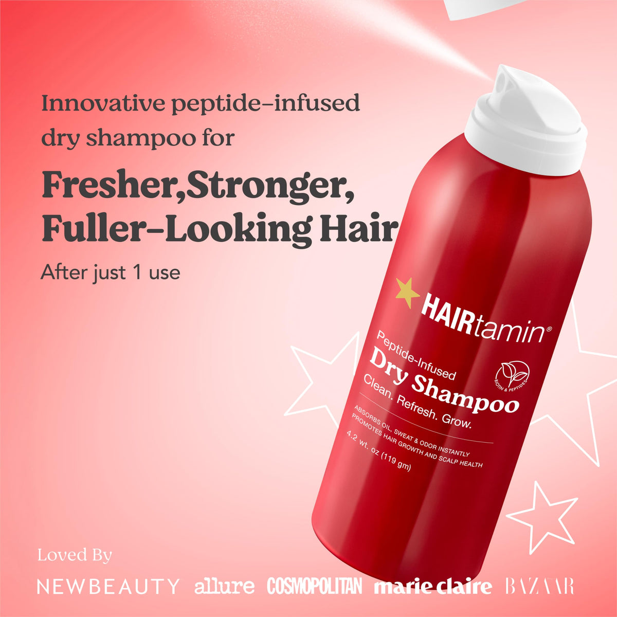 HAIRtamin spray nozzle close-up showing fine mist for even coverage