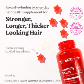 HAIRtamin gummy stars close-up texture and bright color illustrating chewable appeal