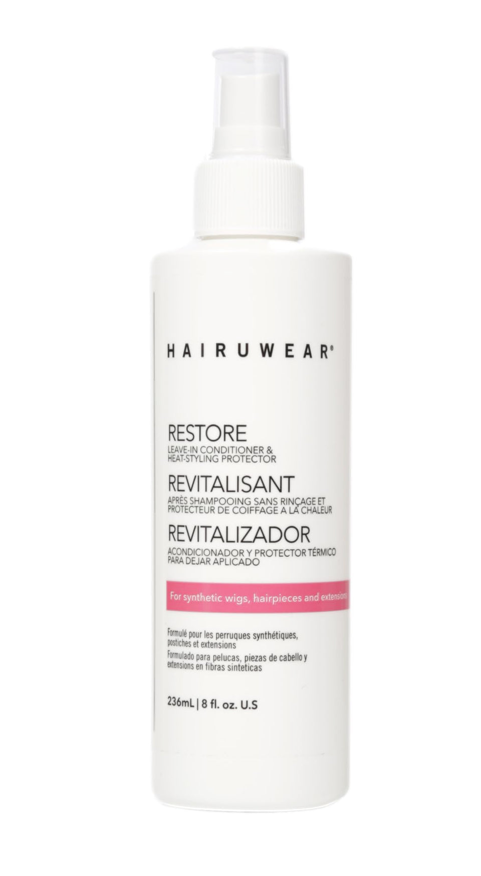 HairUWear bottle front view showing conditioner for softer synthetic wigs