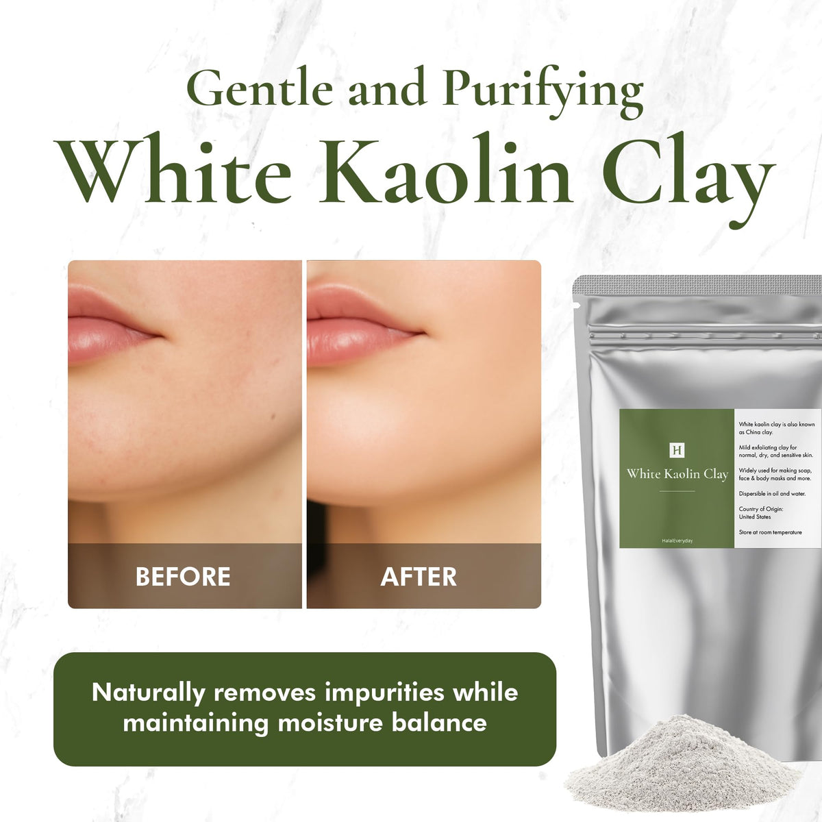 HalalEveryday close-up of fine white kaolin clay texture for smooth formulations