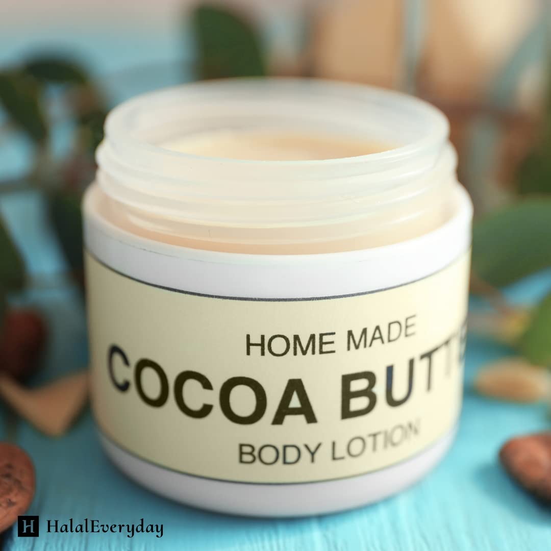 HalalEveryDay lotion bottle beside cocoa butter indicating creamy texture benefit