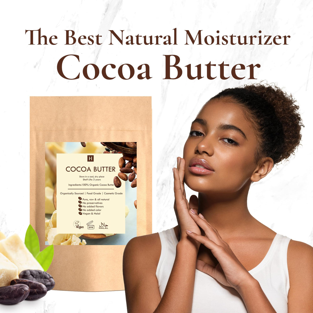 HalalEveryDay close-up of solid cocoa butter chunks showing texture and purity benefit