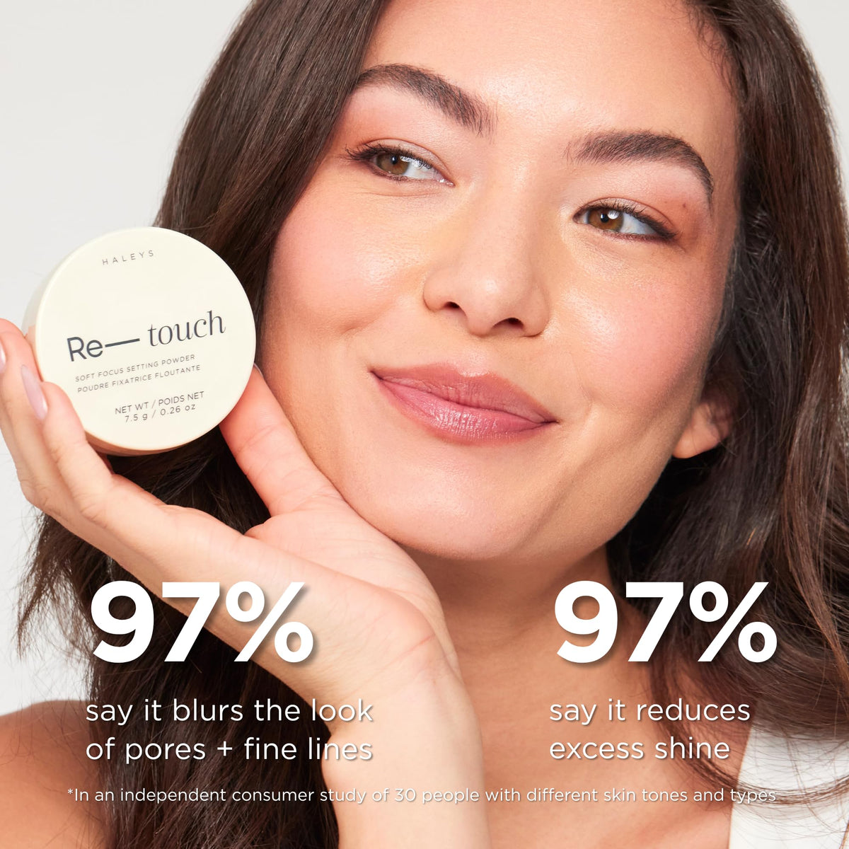 HALEYS split-face before and after showing reduced pores and matte control