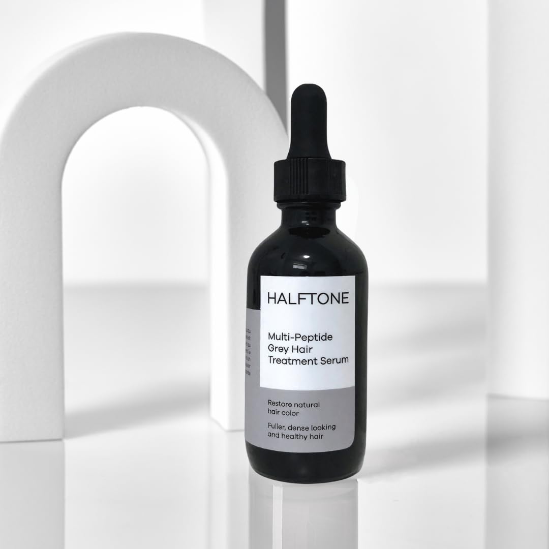 HALFTONE serum on bathroom counter suggesting daily routine convenience