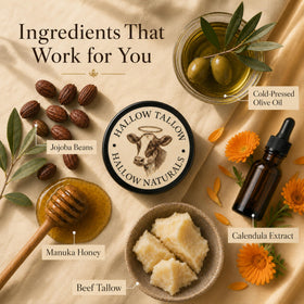 Hallow Naturals jar on bathroom counter in lifestyle setting showing daily use