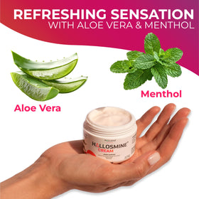 Hallusa Natural applying cream to legs demonstrating easy massage application