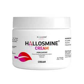 Hallusa Natural front packaging showing the Hallosmine leg cream and benefits