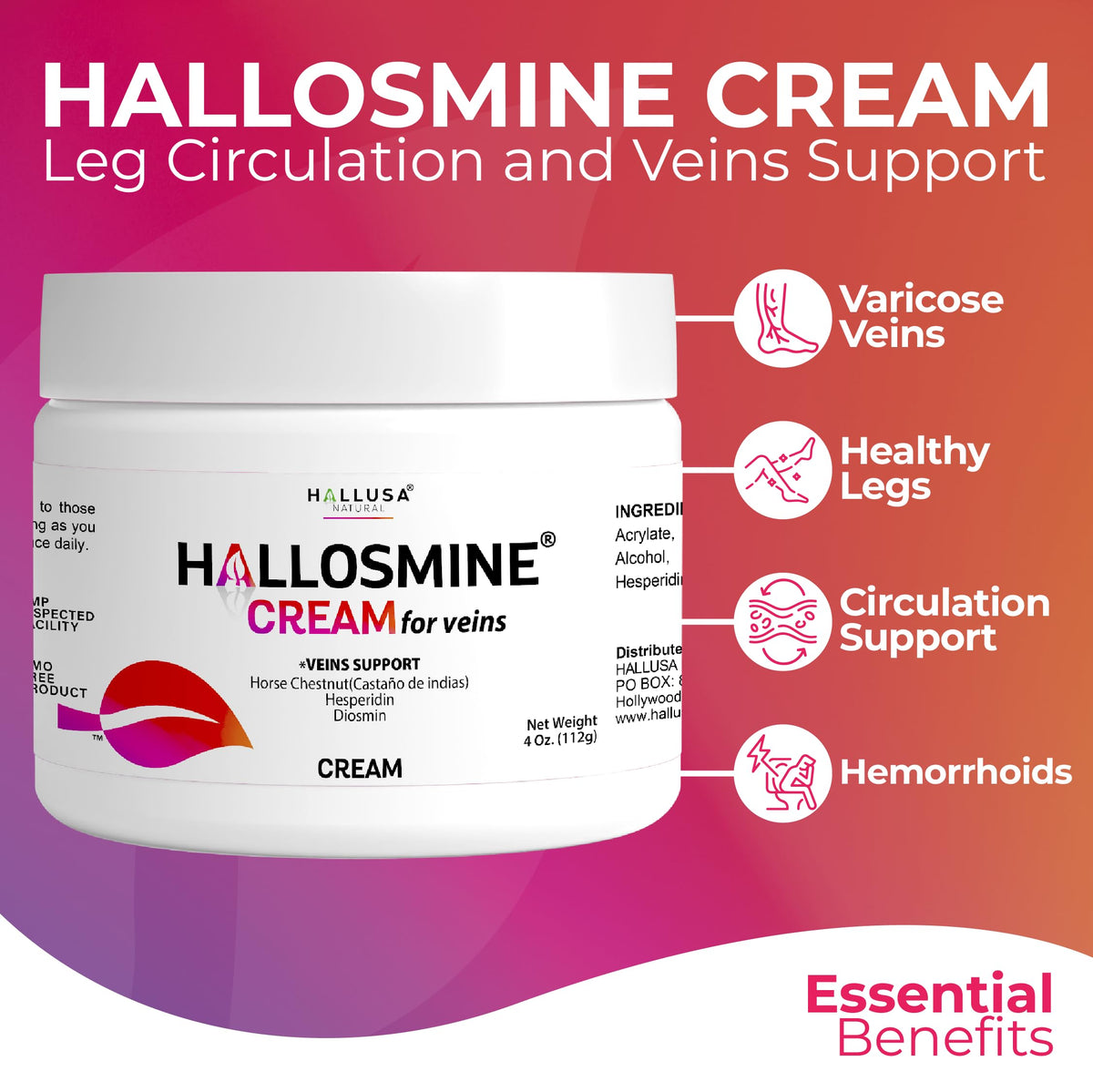 Hallusa Natural ingredients label highlighting diosmin, hesperidin and horse chestnut