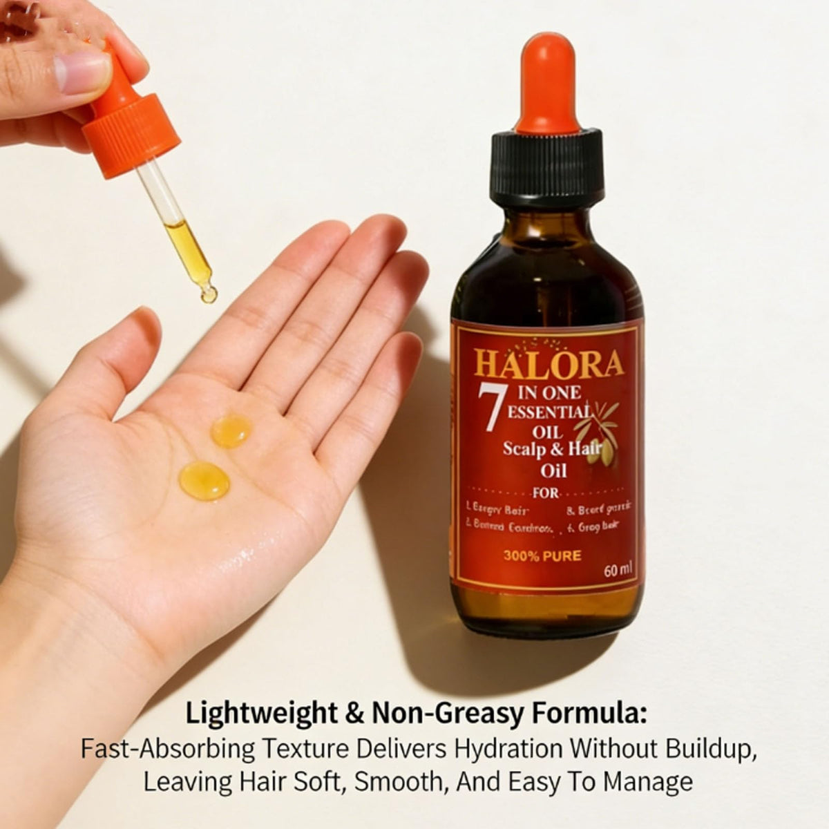 HALORA OIL dropper application demonstrating precise, mess-free use