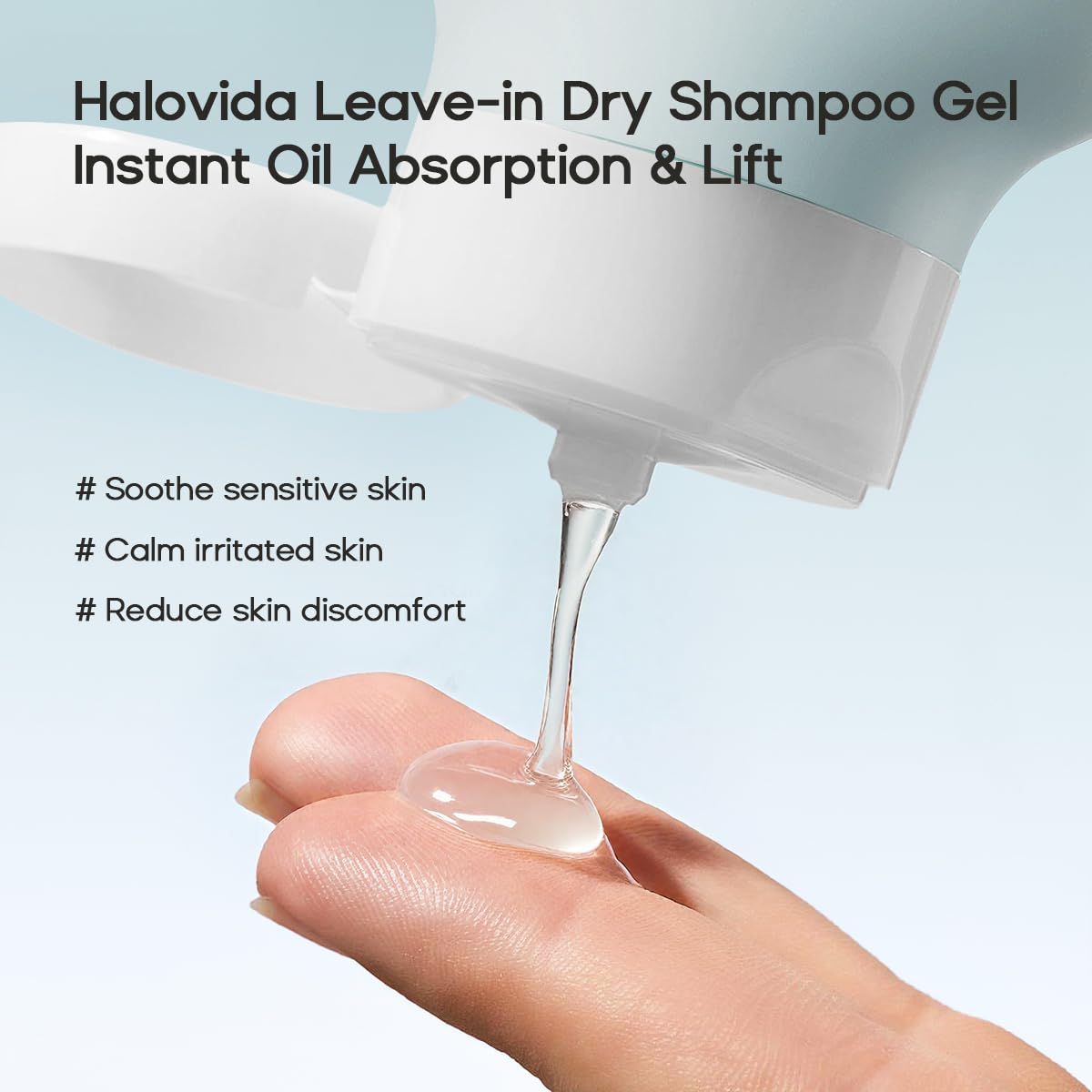 HALOVIDA gel being rubbed on hands to demonstrate quick transparency and easy use