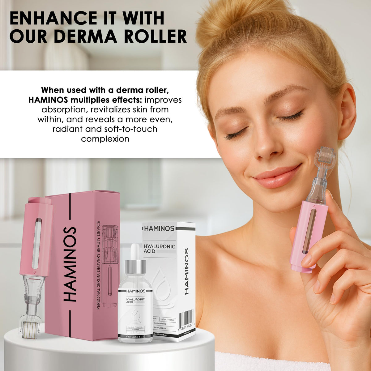 HAMINOS serum on hands demonstrating smooth spread and instant hydration benefit