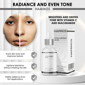 HAMINOS ingredients label highlighting key actives like hyaluronic acid and niacinamide