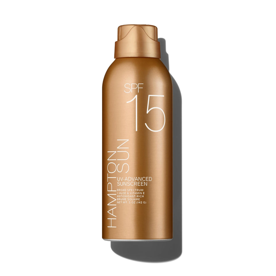 Hampton Sun front packaging showing SPF 15 mist, convenient fast application