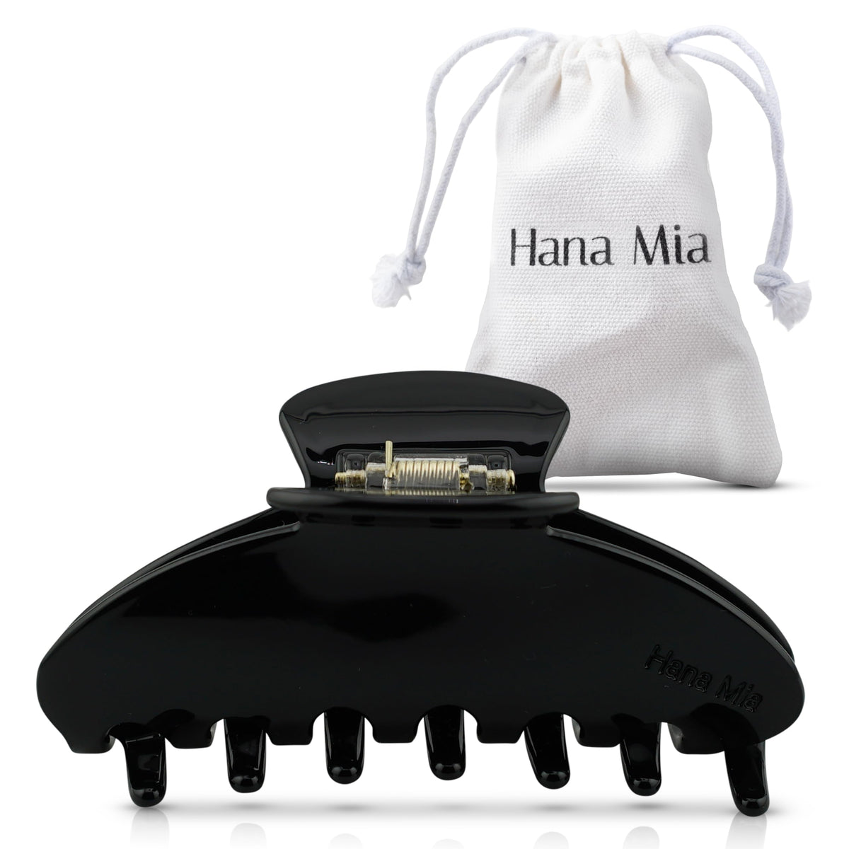 Hana Mia black clip front view showing secure hold and sleek style