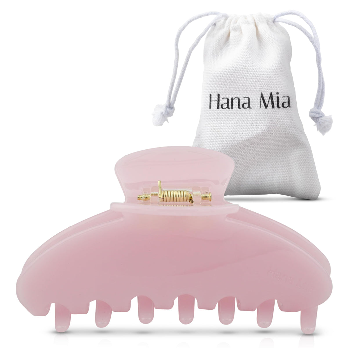 Hana Mia front view of large pink claw clip showing glossy finish and elegant shape, enhances outfits