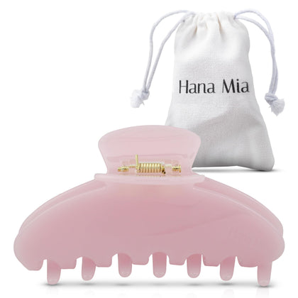 Hana Mia front view of large pink claw clip showing glossy finish and elegant shape, enhances outfits