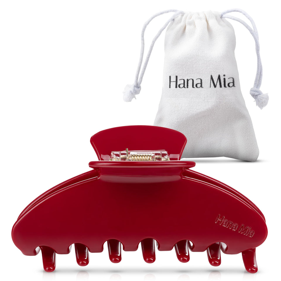 Hana Mia red claw clip front view showing glossy acetate and secure hold