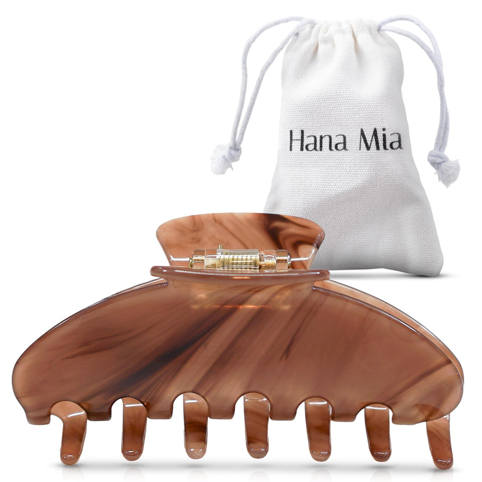 Hana Mia front view of mocha clip showing shape and glossy finish for polished styles