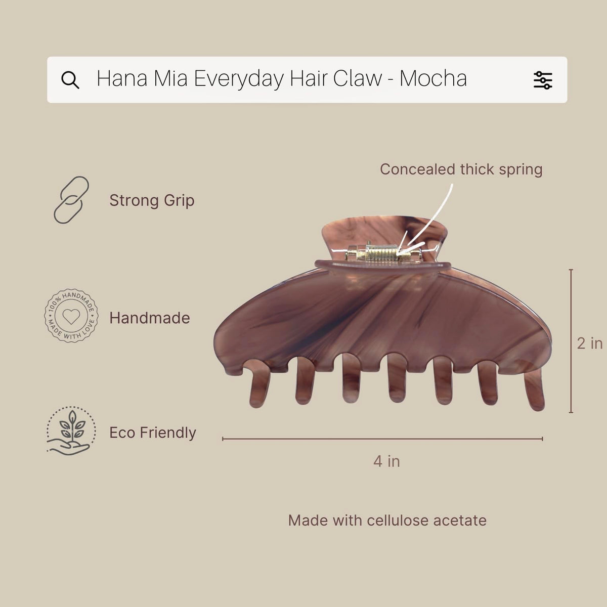 Hana Mia side profile of clip illustrating curved jaw and balanced hold for comfort
