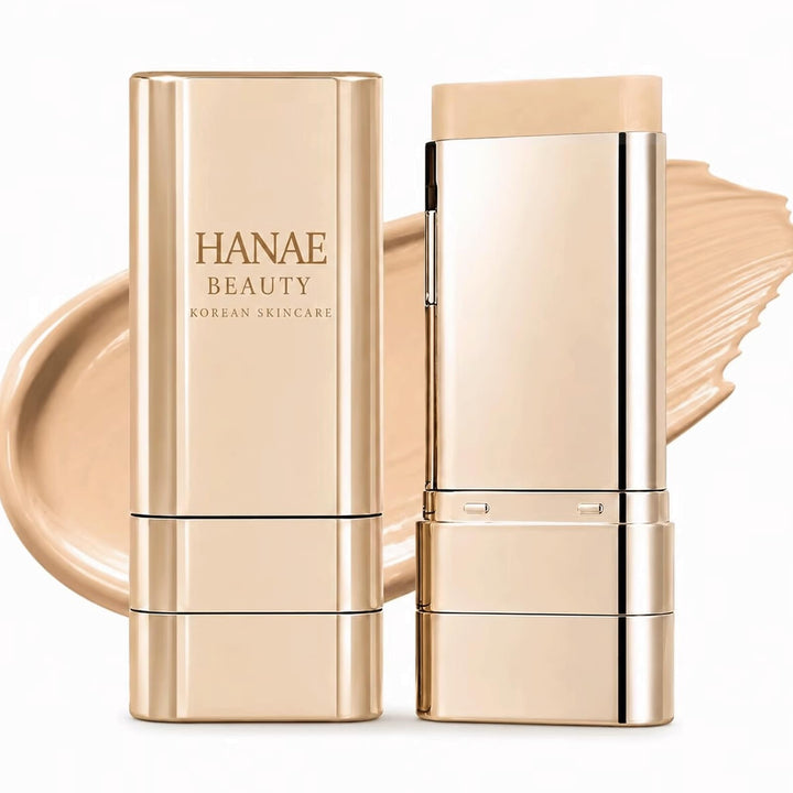 Hanae Beauty front packaging of foundation stick, shows compact portability benefit