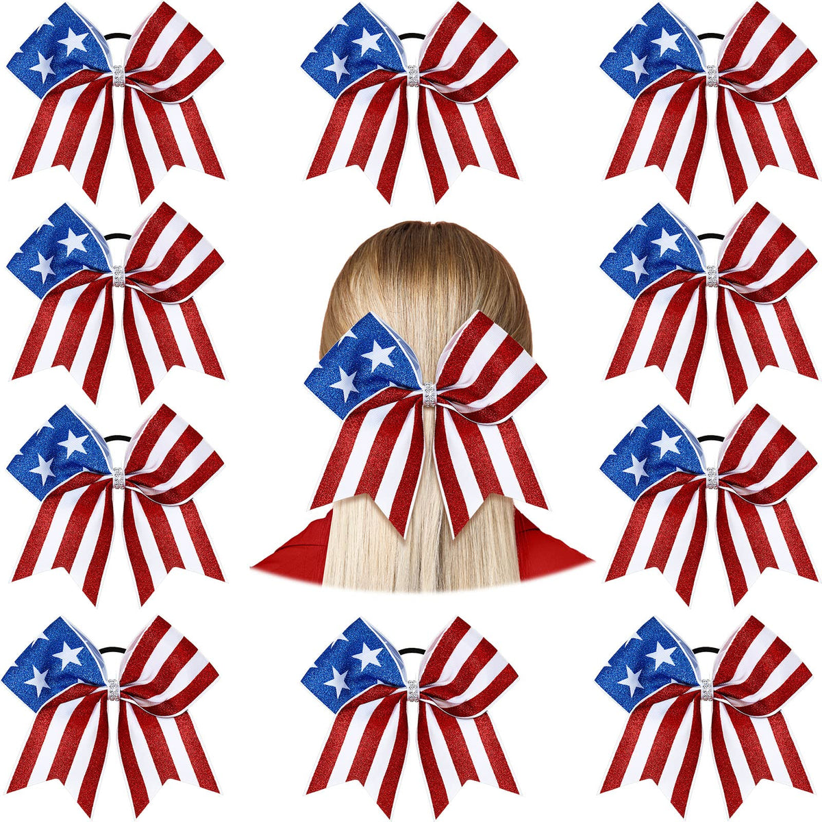 Hanaive front view of 10-pack American flag bows showing patriotic set benefit
