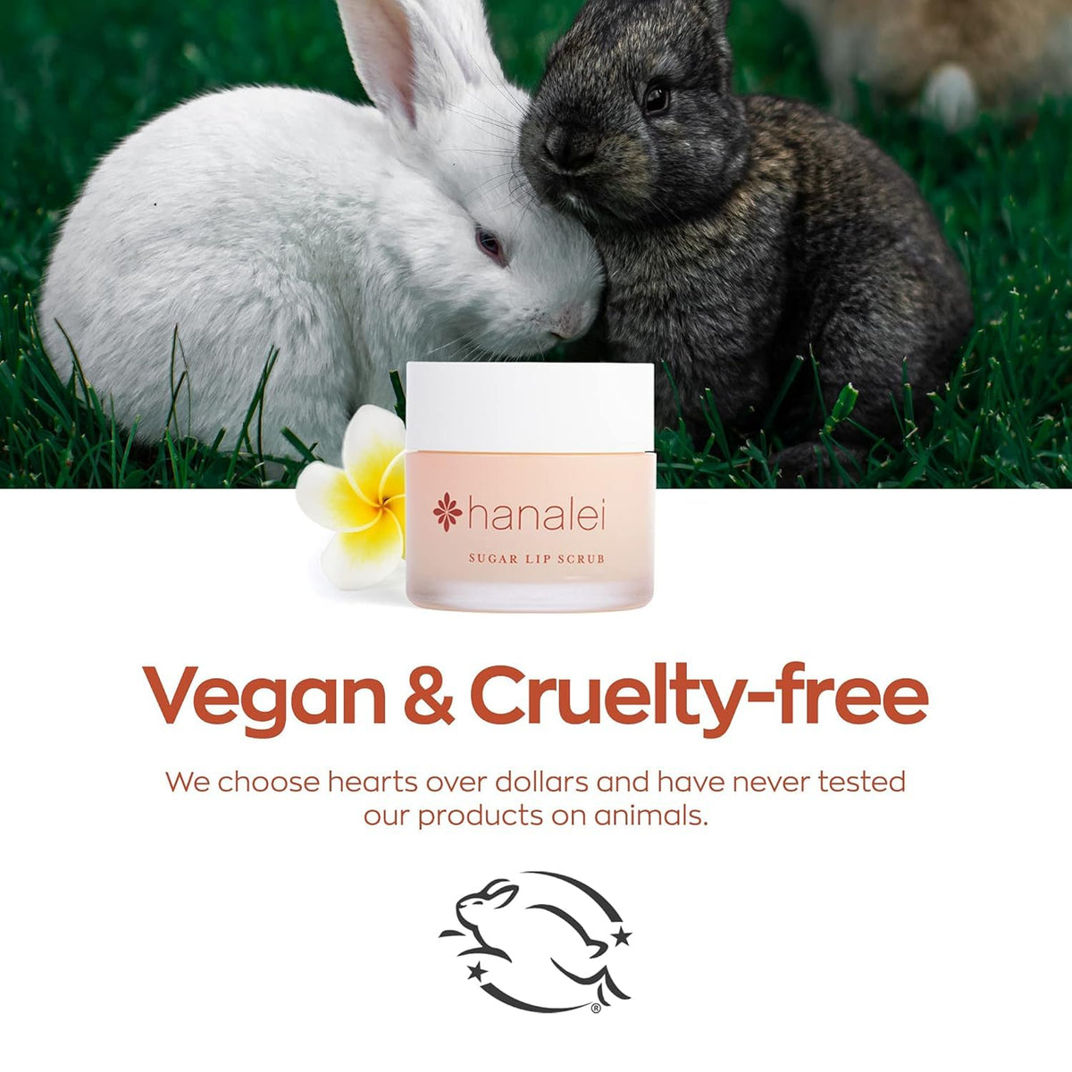 Hanalei label and Leaping Bunny certification close-up, cruelty-free assurance