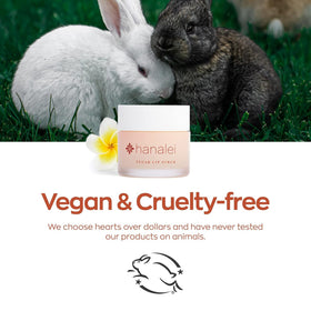 Hanalei label and Leaping Bunny certification close-up, cruelty-free assurance