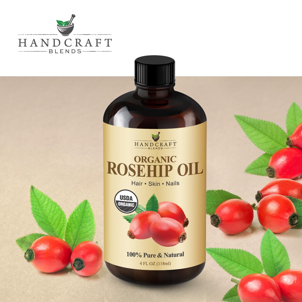 Handcraft Blends amber glass bottle detail protecting oil from light and preserving quality