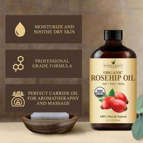 Handcraft Blends dropper dispensing rosehip oil demonstrating controlled, waste-reducing application