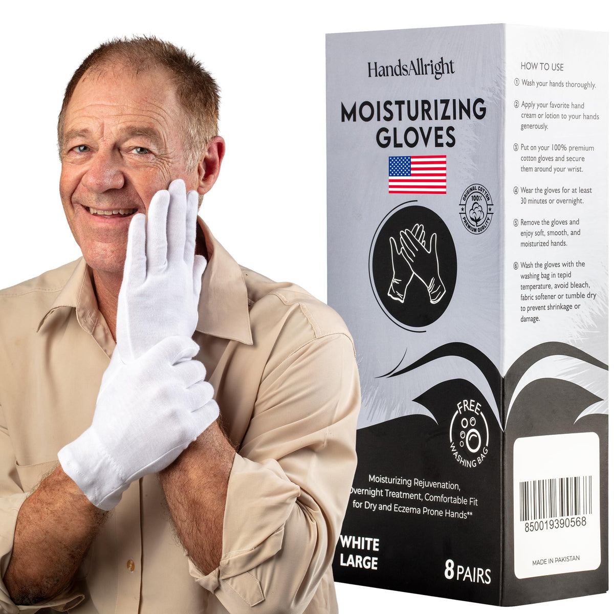 HandsAllright gloves with lotion applied highlighting enhanced hydration retention