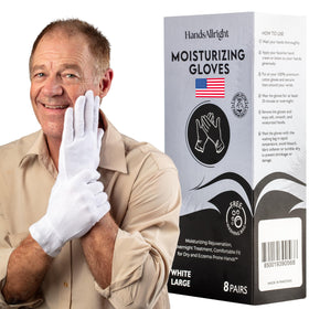 HandsAllright gloves with lotion applied highlighting enhanced hydration retention