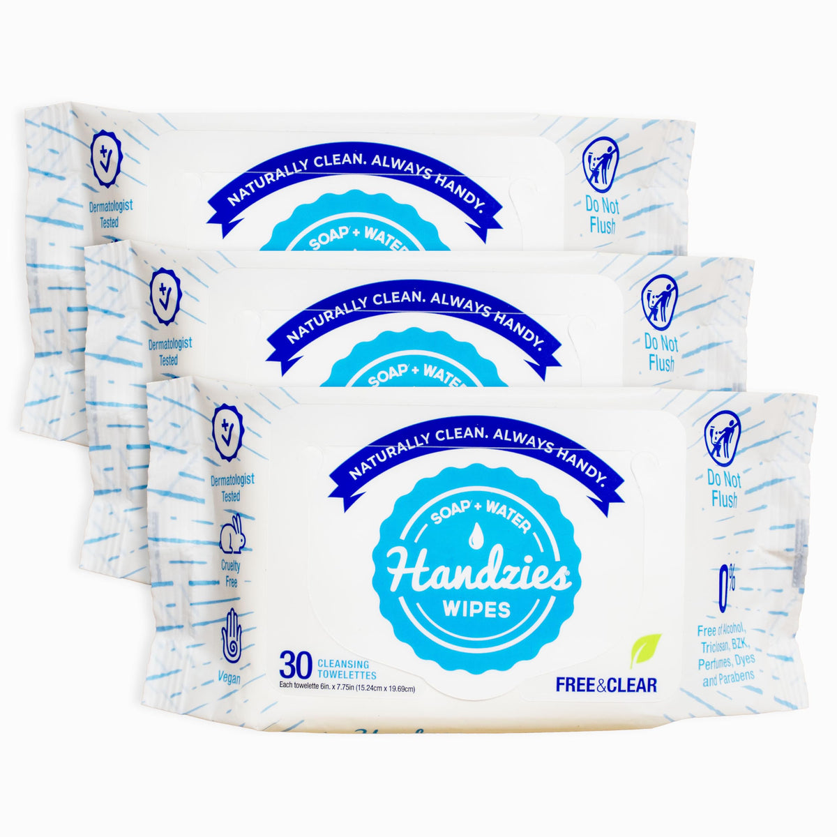 Handzies front packaging showing Free&Clear soft pack and benefit of gentle cleansing