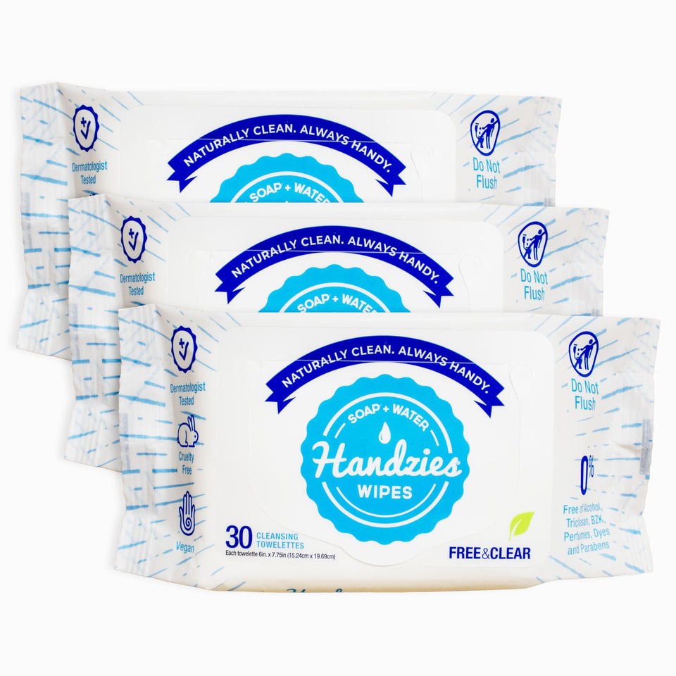 Handzies front packaging showing Free&Clear soft pack and benefit of gentle cleansing