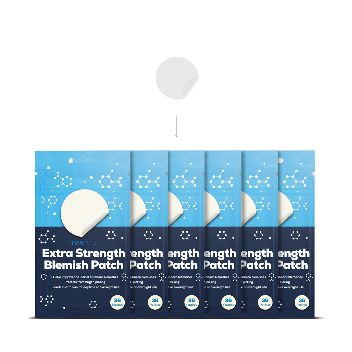 HANHOO front packaging showing 216 blemish patches and benefits