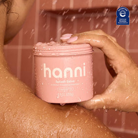 HANNI ingredients display highlighting glycerin, coconut, jojoba, shea benefits