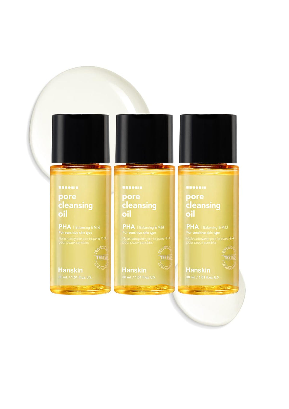 Hanskin front packaging trio showing three travel bottles and clear product benefit