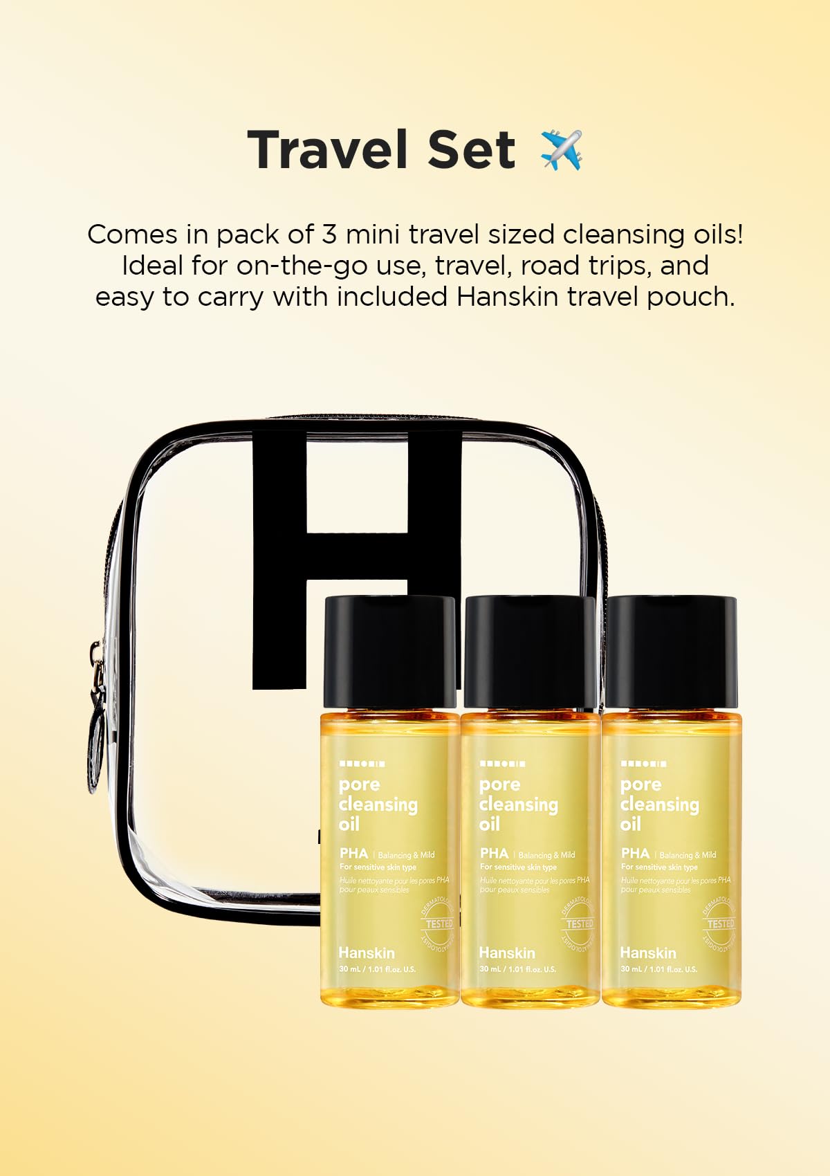 Hanskin mini bottle inside travel bag illustrating TSA-friendly convenience