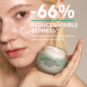 Hanyul gel cream spread on hand to show quick absorption and calming feel
