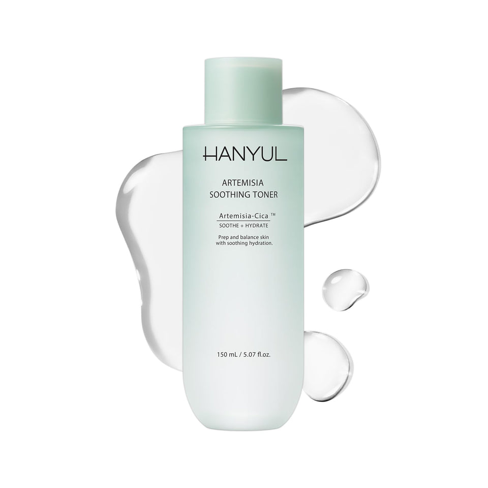 Hanyul front bottle view showing sleek packaging and calming toner benefits