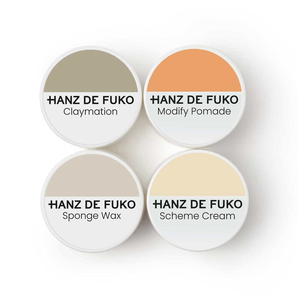 Hanz de Fuko deluxe kit front packaging showing all four travel jars and convenience