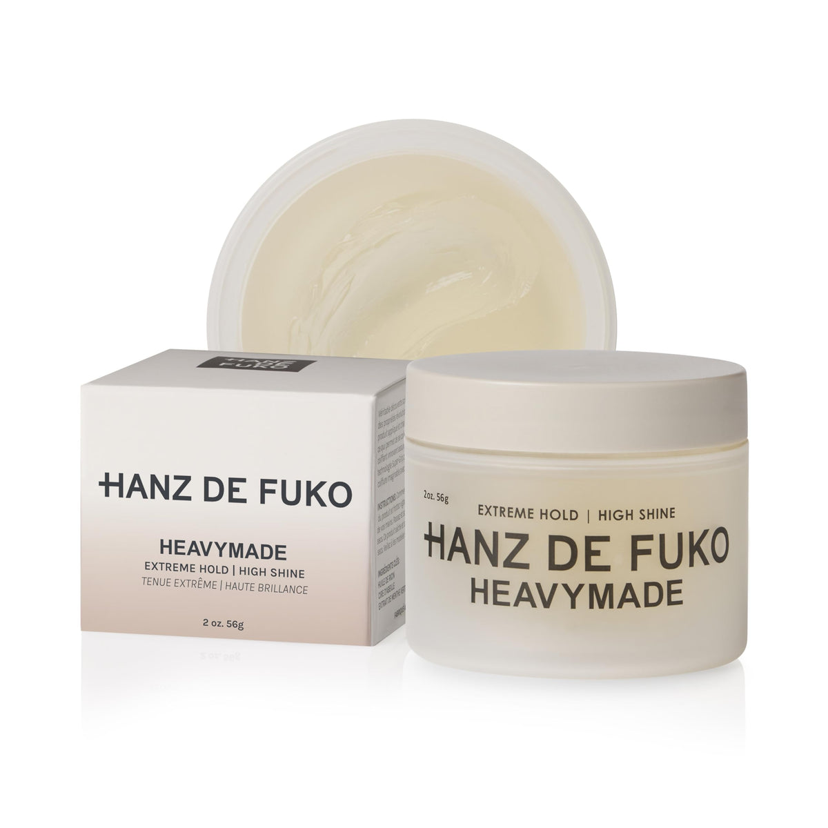 Hanz de Fuko front packaging showing compact travel-size pomade and label benefits