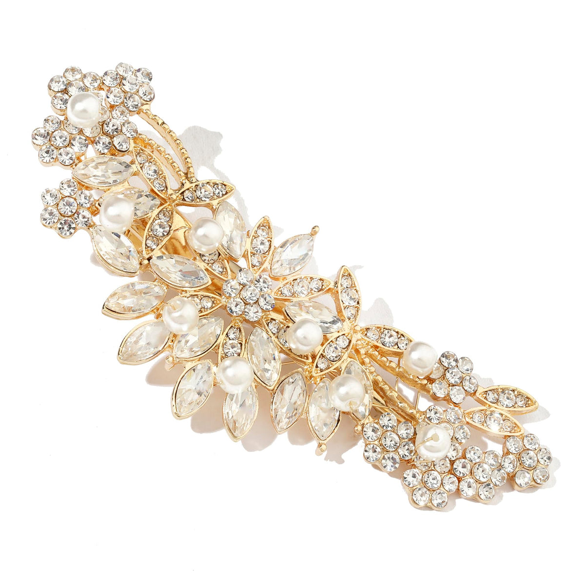 Hapibuy front view of gold crystal rhinestone pearl hair comb showing elegant design and sparkle