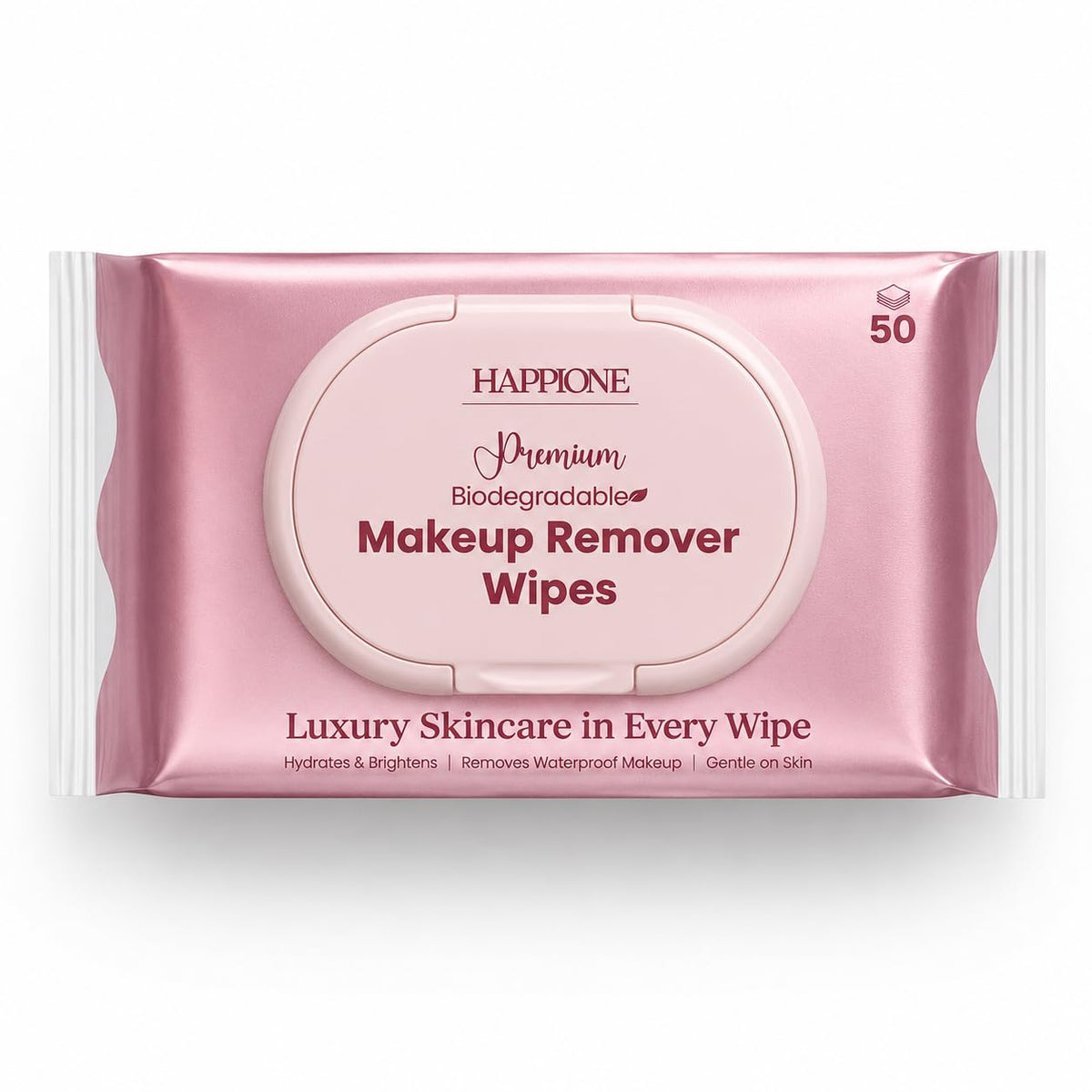 HAPPIONE front packaging showing 50-count anti-aging wipes and easy dispensing