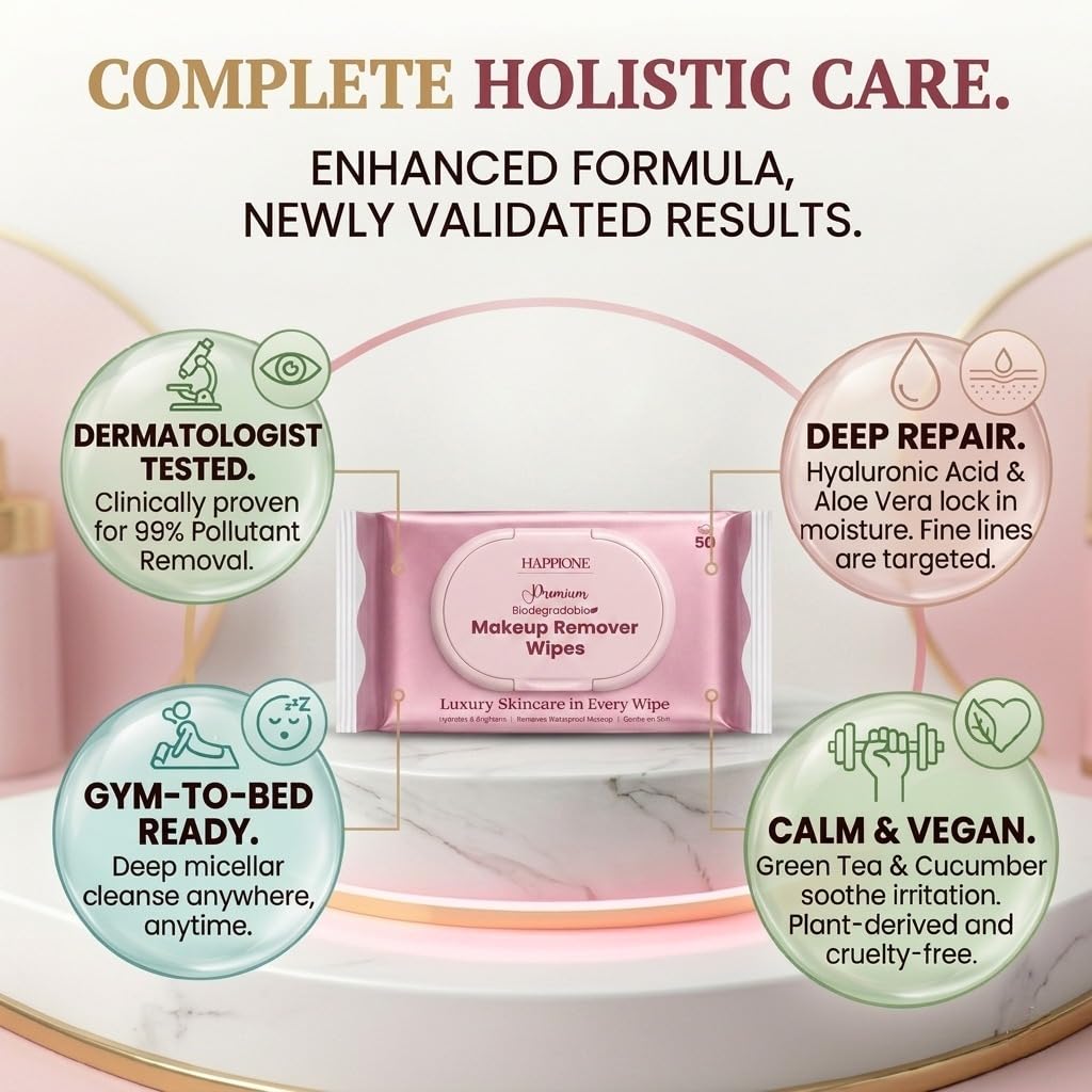 HAPPIONE visual of peptides vitamin C and CoQ10 highlighting skin-repair benefits